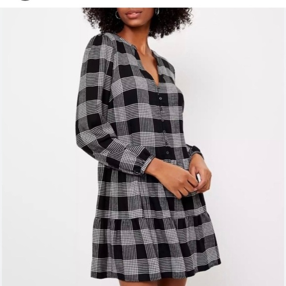 LOFT Dresses & Skirts - NWT LOFT Women's Plaid Puff Sleeve Swing Dress Drop waist Black Size 14